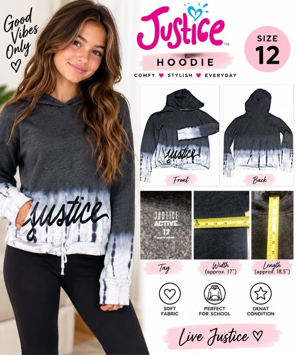 Justice Active Girls Size 12 Tie Dye Ombre Hoodie Sweatshirt Gray White LS